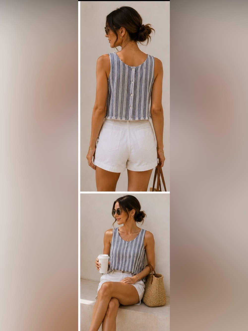 DREW linen blend vertical striped tank blouse with back buttons frayed hem